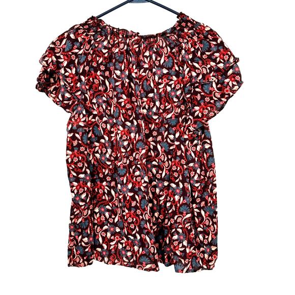 Old Navy Size Large Blouse Red Floral Babydoll Ruffle Ruched Tie Cottagecore‎ - Picture 2 of 6